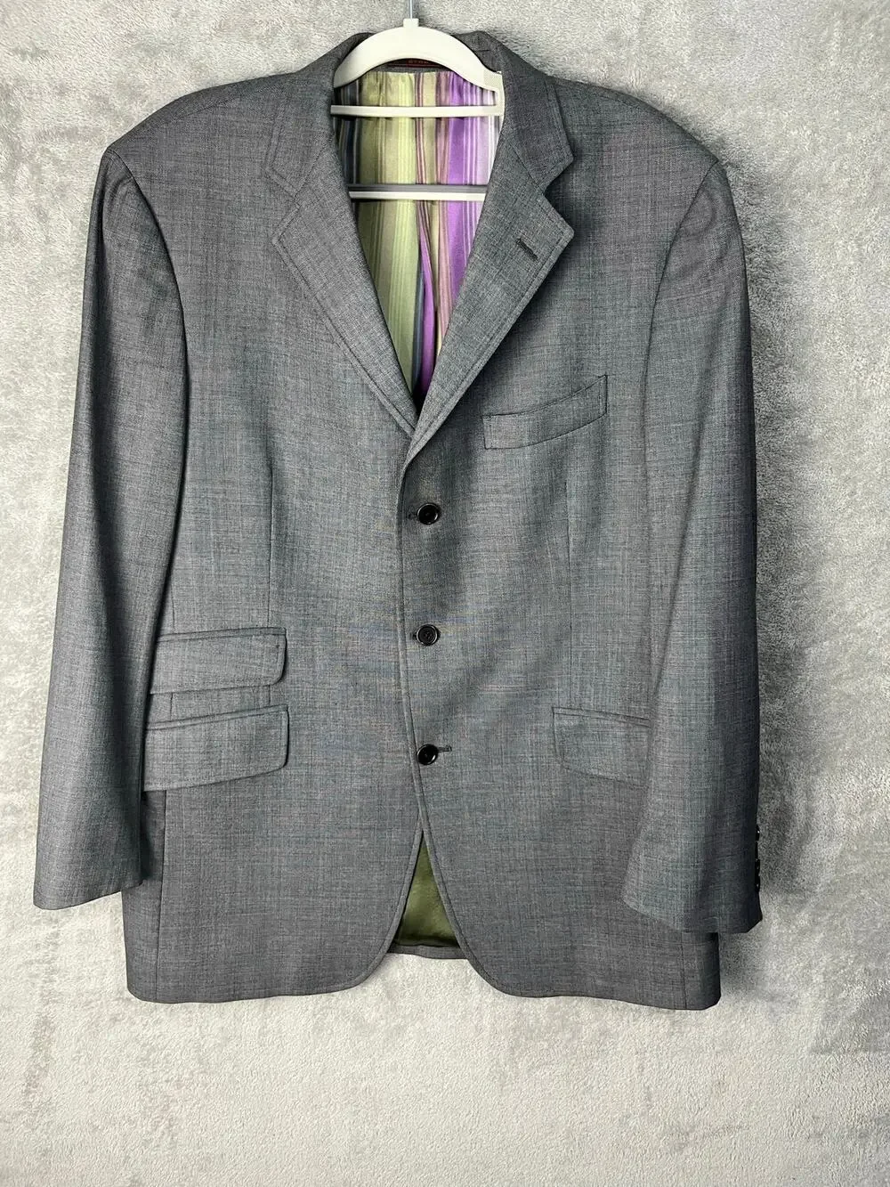 ETRO Milano Gray Wool Sport Coat Blazer Mens 54 EU 44R Italy Striped Lining